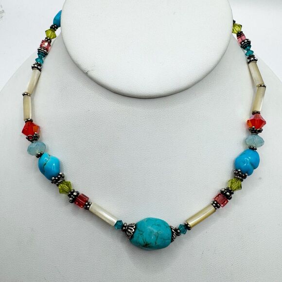Turquoise Chunk Faceted Colorful Glass Sterling Silver Beaded Necklace Bohemian - Picture 6 of 11